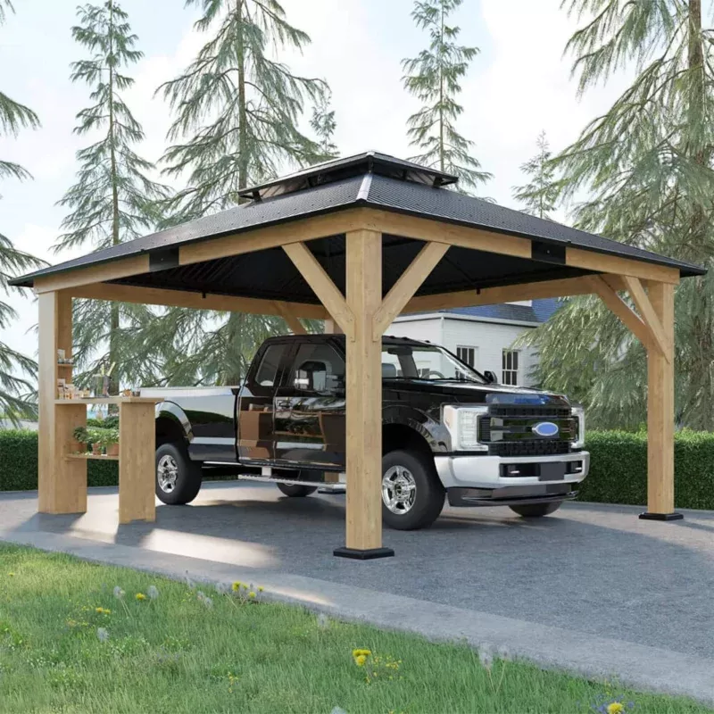 [13x15FT] Premium Outdoor All-Season Wooden Cedar Hardtop Gazebo Carport With Double Iron Roof