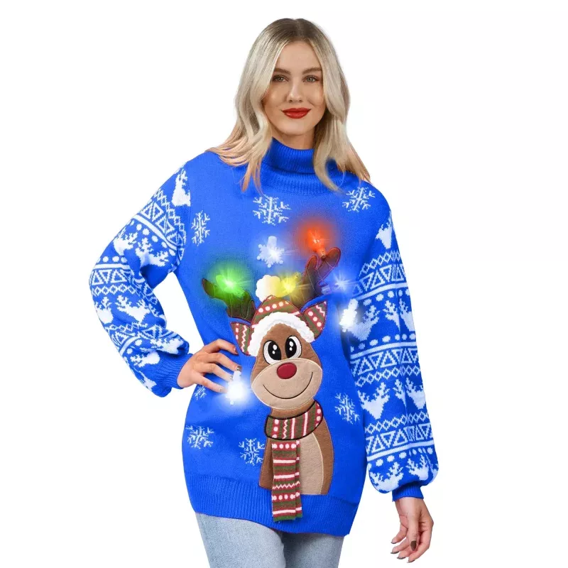 womens-christmas-reindeer-ugly-long-sweater-led-light-up-xmas-sweater Womens Christmas Reindeer Ugly Long Sweater LED Light Up Xmas Sweater